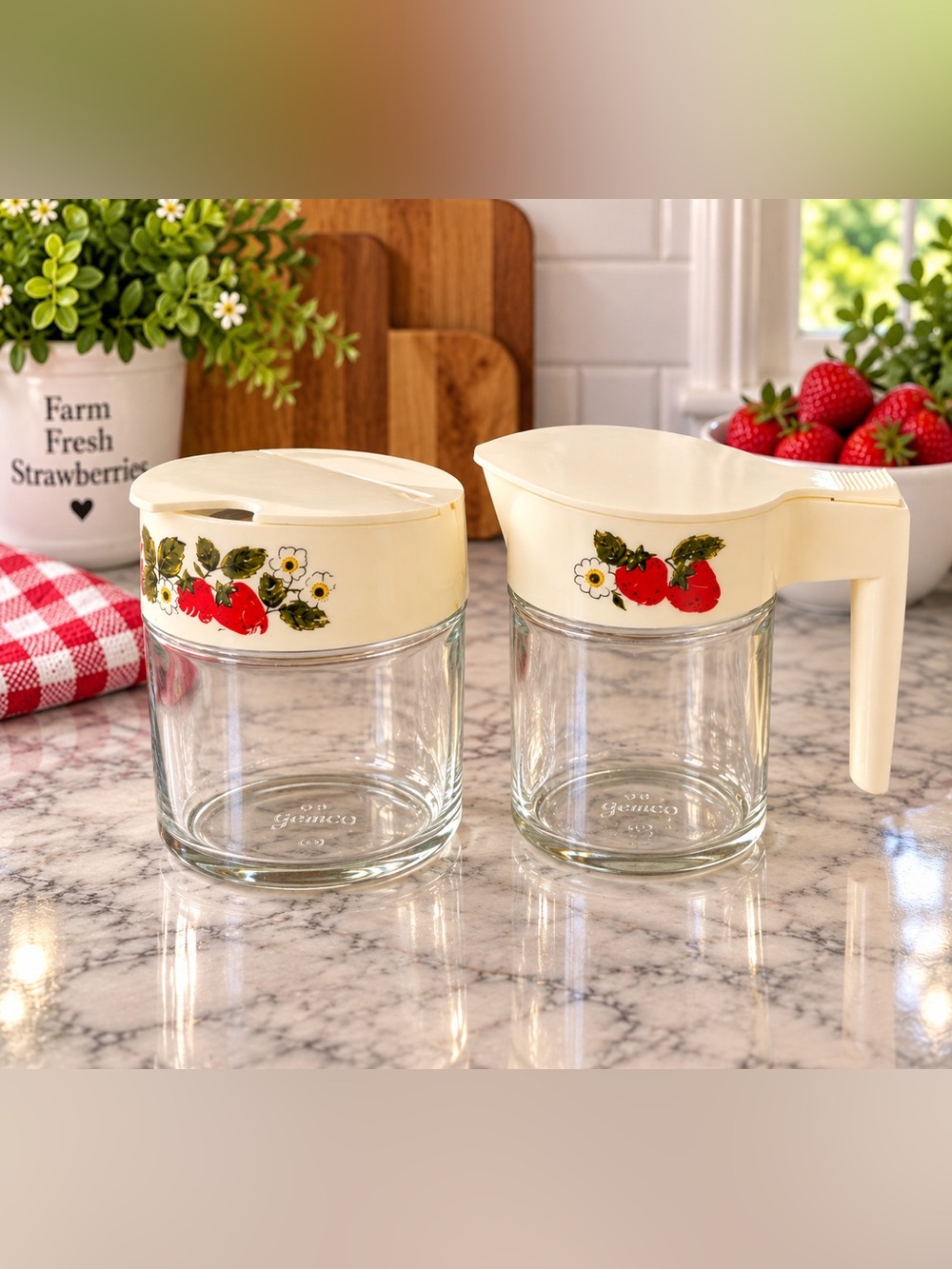 Vintage Gemco Strawberry Sugar Bowl & Creamer Set Glass Retro 1970s Kitchen